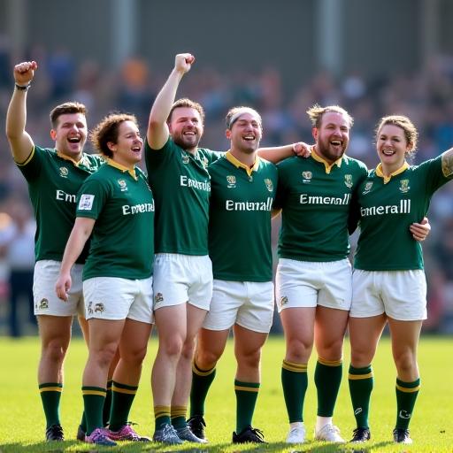 Foireann rugbaí Baile an Chaisleáin RFC ag ceiliúradh